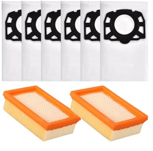 Donkivvy Vacuum Cleaner Bags & Flat Pleated Filters Fit for Kärcher WD4 WD5 WD6 MV4 MV5 MV6 WD5P WD6P KFI 4410 KFI 487 Wet & Dry Vacuum Cleaners (6 Dust Bags + 2 HEPA Filters)