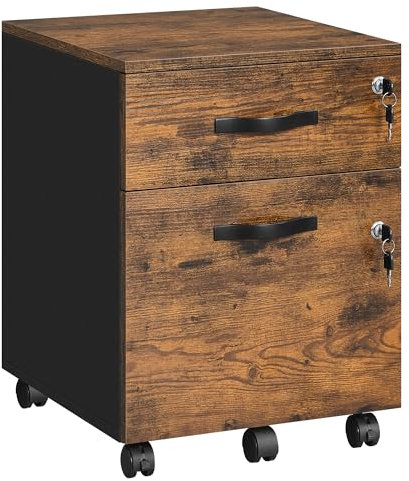 VASAGLE Caisson de Bureau à roulettes, Verrouillable, avec 2 Tiroirs, 5 roulettes, Barre de Suspension Réglables, pour Dossiers Suspendus au Format A4, Marron Rustique et Noir d'encre LCD022K01