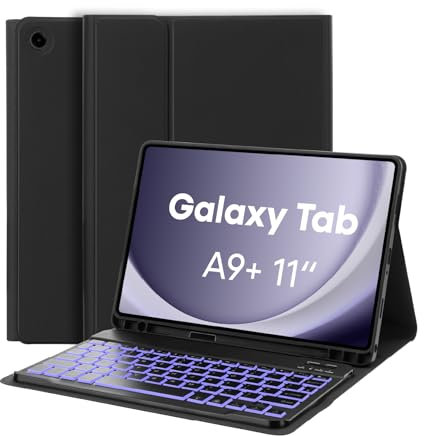 MAYPHY Backlit Keyboard Case for Samsung Galaxy Tab A9 Plus A9+ 5G 11 Inch 2023 (SM-X210/X216/X218), 7-Color Detachable Keyboard Case for Samsung Galaxy Tab A9+, with S-Pen Holder, UK Layout, Black