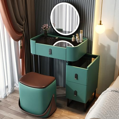 Schminktisch-Kommode mit Spiegel und Lampe, moderner Schminktisch mit Aufbewahrungsschubladen, 3 einstellbaren Helligkeits-Beleuchtungsmodi, Schlafzimmer-Frisiertische for Mädche(Green,60cm/23.6in)