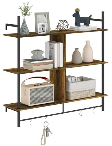 HOMCOM Floating Shelves, 104CM Wall Mounted Ladder Shelf with 4 Hooks, Rustic Hanging Display Shelf for Living Room, Entryway, Kitchen, Rustic Brown