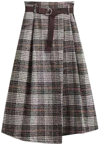 Jupe asymétrique taille haute élastique vintage à carreaux pour l'automne et l'hiver Jupe midi plissée évasée avec ceinture