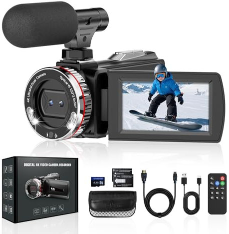Videocámara Cámara de Video UHD 4K 48 MP 60 FPS, Zoom Digital de 21X, Pantalla IPS de 3,0 para Youtube, Camara Video con Rotación de 270°, Tarjeta SD de 64 GB, Micrófono, Control Remoto, 2 Baterías