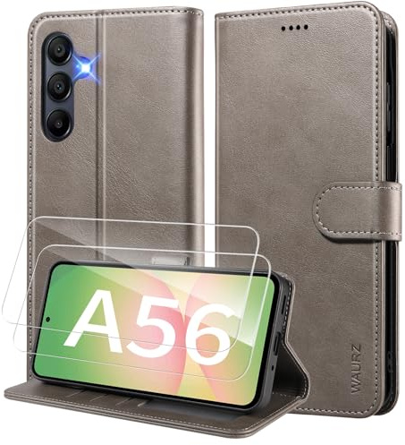 WAURZ Hülle für Samsung Galaxy A56 5G Handyhülle,Grau | Klapphülle Klappbar Leder mit 2 Schutzglas Schutzfolie Kartenfach, Stoßfest Schutzhülle Tasche Flip Case Handytasche Cover