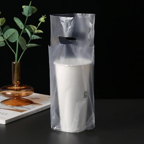 100PCS Clear Handle Drink Drinking Poly Plastic Packaging Bags,Drink Carrier, for Delivery Take Out Cup Holder Bar Restaurant Coffee Shop Supplies Cup Carriers (6.3 x 10.2)