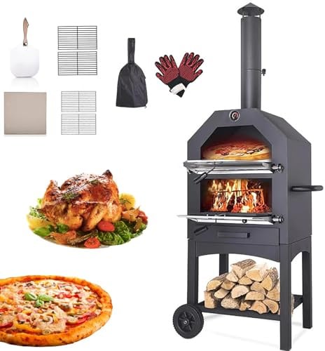 Forno per pizza da esterno con ruote per una facile mobilità, include termometro integrato, pietra per pizza, spatola e copertura impermeabile per pizze perfette al forno a legna