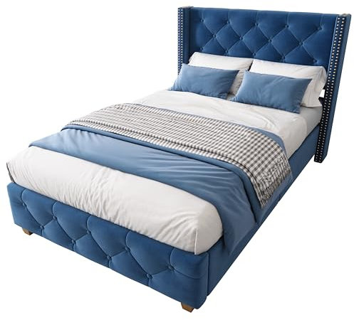 WEALTHOUSE Polsterbett mit gepolstertem Kopfteil und Fußteil, Bettrahmen mit Knopfheftung, Ziernägeln, Stabiler Holzlattenbasis, stilvollem Design, einfacher Montageanleitung (Blau+Samt,90x200cm)