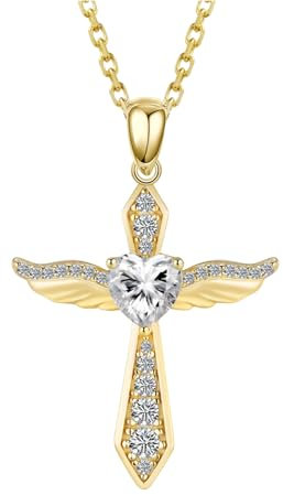LOVANS Kreuz Kette für Damen, Halskette silber 925 Zirkonia Engelsflügel Kreuzkette Jesus Kreuz Silberkette Cross Schutzengel Anhänger Halskette Christentum Schmuck (Gold)
