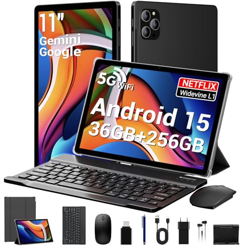 LEVIRTU Android 15 Tablette 11 Pouces avec 36Go RAM+256Go ROM(2To TF), Octa-Core, 8000 mAh, 8MP+13MP, 5G WiFi/BT 5.0/GPS,Gemini AI, Claviers, Souris, Stylet et Tablette Tactile-Noir