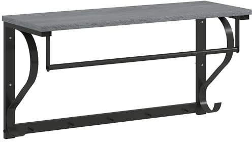 HOMCOM Porte-manteau mural avec étagère, étagère murale, avec 5 crochets et barre, 70 cm, pour couloir, salon, chambre à coucher, salle de bain, gris