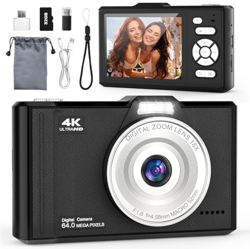 QIVORO Digital Camera 4K 64MP Portable Vlogging Camera with 32GB SD Card | 18X Digital Zoom Autofocus Anti-Shake,2.8 IPS Screen with OTG Adapter,Compact Small Camera for Kids Teens Beginners Students