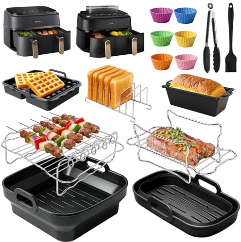 Heißluftfritteuse Zubehör für Philips Airfryer Dual Basket 3000-5000 serie 9L (6L/3L), 15 Stück Silikon Backform Einsatz Air Fryer Accessories, Silikonform Heißluftfritteuse Zubehör für Philips 3000
