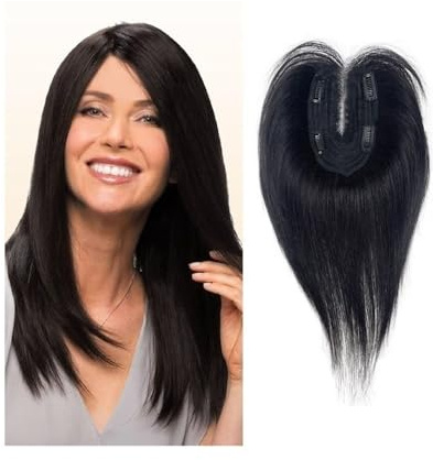 Haar Topper 10-Zoll-Echthaar-Topper mit Pony, 9 x 14 cm, atmungsaktive Schweizer Spitzenbasis, glattes Remy-Haar, Clip-in-Echthaar-Topper for Frauen Komfort(Schwarz)