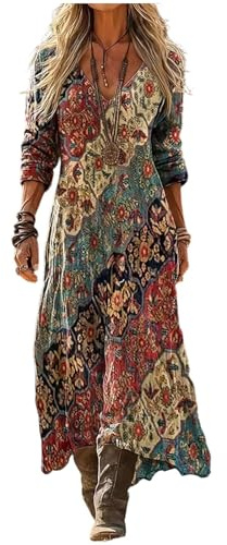 Robe Maxi Femme Bohème Chic Col V Manches Longues Imprimé Géométrique Inspiration Ethnique Style Kaftan Grande Taille Ample Robe de Plage Vintage Automne Printemps Élégante Tunique Soirée Cocktail