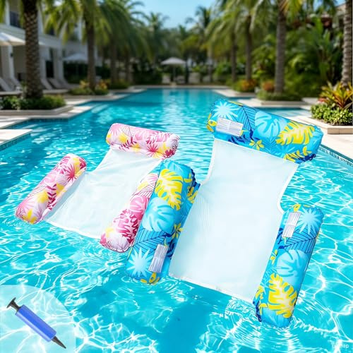 2 PCS Pool Inflatables for Adults, Lilo Pool Inflatables, 4 in 1 Water Hammock Swimming Pool Floats with Air Pump, Mesh Lounger Chair Pool Toys for Lazy River Beach