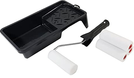 Farbroller Set für Lack – Profi Lackierset 4X Schaumwalze 10cm I Lackroller Set mit Bügel I Farbwanne & Farbschale I Schaumstoffwalze fein für Glatte Flächen & Versiegelungen