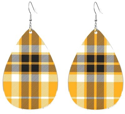 Gelb-schwarze Ohrringe mit Tartanmuster, tropfenförmig, modische Accessoires