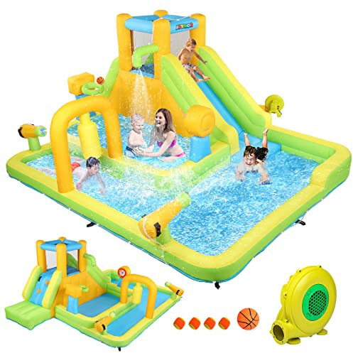 Bonnlo hüpfburg Indoor/Outdoor, hüpfburg mit Gebläse und Troken-/Wasserrutsche, Spielhaus Outdoor für Kinder ab 3 Jahre (Gelb und Grün-XXL)