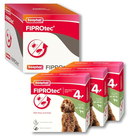 Beaphar - FIPROtec Spot-On Flea & Tick Treatment for Large Dogs 20-40kg – 12 Treatments - Kills Fleas & Ticks - Veterinary Medicine - Easy to Apply Monthly - Suitable for Dogs & Puppies from 8 Weeks