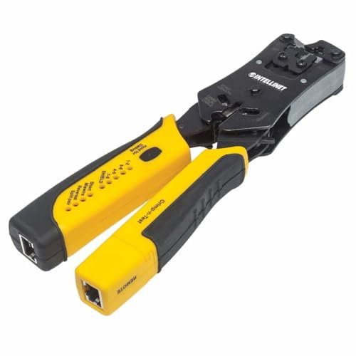 Intellinet 780124 Universal Crimpwerkzeug und Kabeltester 2-in-1-Werkzeug zum Schneiden Abisolieren Crimpen Testen schwarz gelb