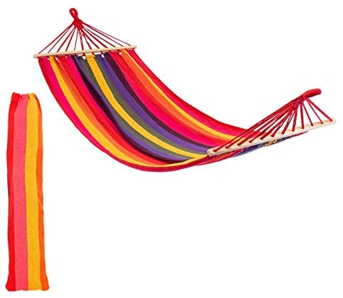 276cm Multicolour Cotton Hammock with Wooden Spreader Bars & Cotton Carry Bag - Outdoor Swining Garden & Camping Seat - by Harbour Housewares