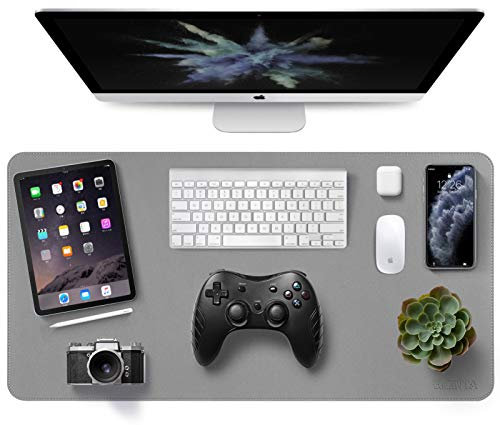 EMINTA Laptop Desk Pad Mat with Sewing Edge, Waterproof PU Leather Desk Blotter Extended Mouse Pad Writing Pad for Office and Home, Dual-Sided (Gray/Silver, 80cm x 40cm)