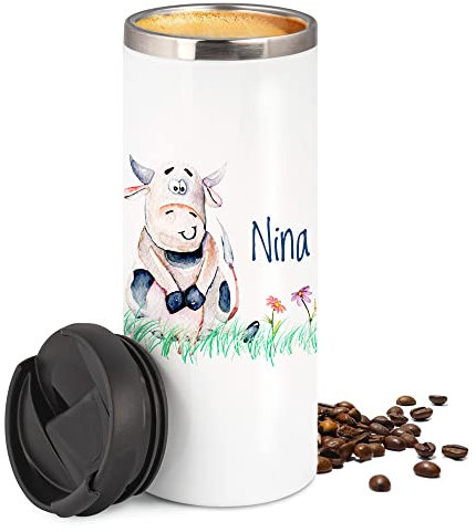 GRAZDesign Kaffeebecher to go mit Namen Thermobecher auslaufsicher & warmhaltend, Coffee Becher, hält 4h heiss, personalisiertes Geschenk, Edelstahl 350ml Lustige Kuh
