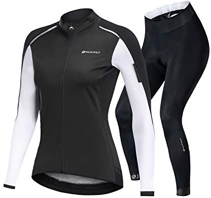NUCKILY Damen Radtrikot Atmungsaktive Fahrradbekleidung Set Trikot Langarm & Radhose mit 3D Sitzpolster MTB Radsportanzug mit 4 Taschen