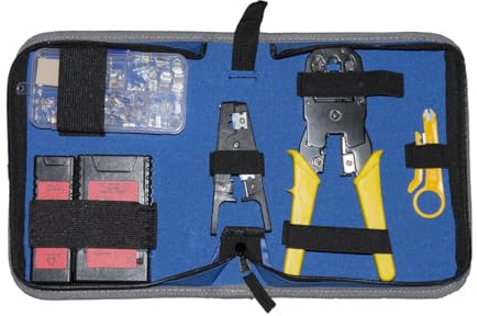 Werkzeugset im Etui mit Zange für Anschlüsse 4, 6, 8-polig, Abisolierer, Tester, Kassette mit 6 und 8 poligem Stecker, Keystone Einsatz und Netzkabel Tester