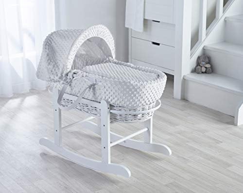 ELEGANT BABY White Dimple White Wicker Moses Basket with Deluxe White Rocking Stand, Adjustable Hood, Fibre Mattress & Padded Liner