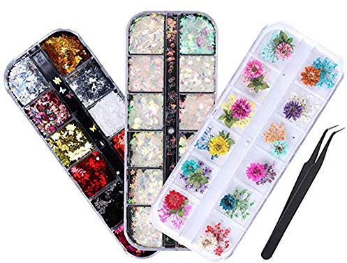 Cheeroyal 3 Boxes Holographic Nail Sequins, 3D Butterfly Nail Glitter Sequins, Iridescent Mermaid Flakes Colorful Glitter Sticker, 12 Colors Dried Flowers Nail Art Design Make Up DIY Decals Decoration
