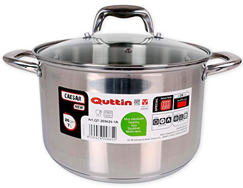Quttin New Caesar - Olla Profesional Induccion, Cocina y Horno, Cacerola Mediana, Acero Inoxidable Antiadherente, Tapa Cristal y Asas, 24 cm/4 L