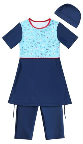 Kind Mädchen Muslimische Bademode Blume Schmetterlingsdruck Bescheidene Badeanzüge islamische Burkini Outfit Kurzarm Kapuze Badetop mit Kurz Hose 2pcs Tankinis Badeanzug Dunkelblau 1 11-12 Jahre