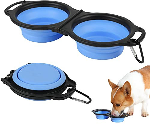 Cuencos plegables para perros, cuenco portátil de viaje para mascotas, cuenco doble de silicona expandible 2 en 1 para comida y agua para mascotas, plato de alimentación para gatos con mosquetón para