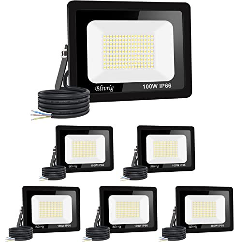 【6 Stück】100 W LED-Strahler für den Außenbereich, 10.000 lm, IP66, wasserdicht, für den Außenbereich, super hell, Außenbeleuchtung, Warmweiß (3000 K), Sicherheitsspot LED für Stadien, Fabriken,