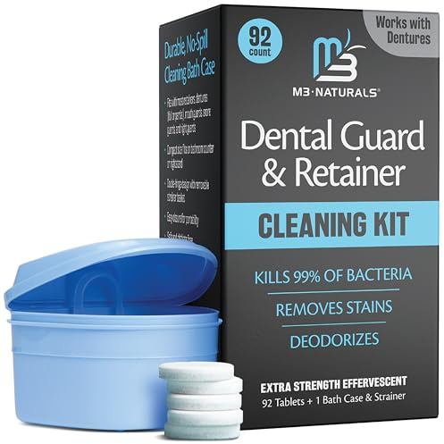 Retainer Cleanser Tablets and Soak Container - Universal No Mess Denture Cleaning Tablets and Denture Bath Case with Strainer - Multipurpose Denture Cup & Mouth Guard Cleaner for Stains Odor & Plaque