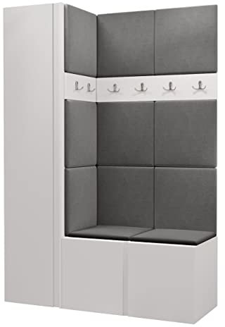 Mirjan24 Garderoben-Set Monati IX, Kleiderschrank, Schuhschrank mit 6 Fächer, 2X Kleiderhakenbrett, Gepolstertes Paneel/Wandpaneel, 8 Doppelhaken, Flurgarderobe, Wandgarderobe (Weiß, Manila 16)