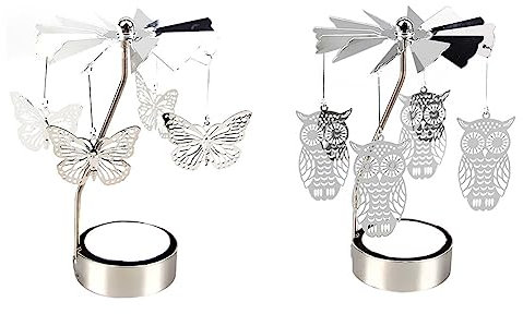 2 Stück Rotierender Kerzenhalter,Karussell Silber Teelichthalter Kerzenhalter Kerzenständer mit Metallaroma Heimdekoration Hochzeit Deko Wohnzimmer Tischdeko Weihnachtsdeko Party,Schmetterling + Eule