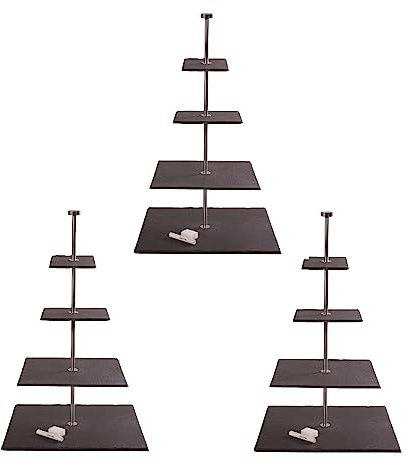 eGenuss 3 Présentoirs Support Plateaux de Service à 4 étages avec Assiettes carrées en Ardoise et Tige en Acier Inoxydable | Éponge et Craie incluses