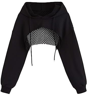 GORGLITTER Damen Super Crop Hoodie Fischnetz Kapuzenpullover Cropped Kapuzensweatshirt mit Tunnelzug Schwarz M