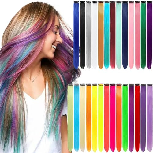 BDSHUNBF 27PCS Rainbow Colored Clip In Hair Extensions, 22 Inch Colorful Party Highlights Straight Hair Accessories for Girls