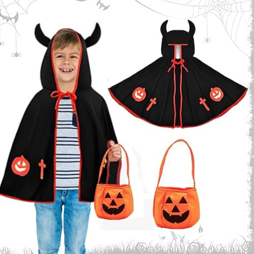 Yi'antai Kinder Halloween Kostüm, Kostüm für Kinder Teufelkostüm, Teufel Umhang mit Kürbis Candy Bag, Halloween Umhang Cape mit Ox Horn Mit Kapuze Mantel, Halloween Kostüme Cosplay Verkleidung