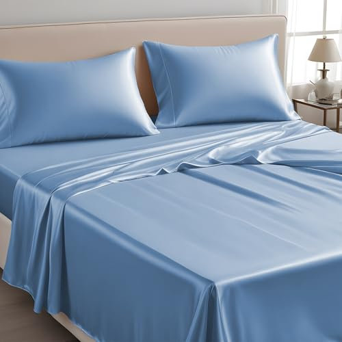LINENWALAS Nur Bettlaken für Einzelbett, 100 % Tencel, weiche Seide, kühlendes Oberlaken, Lyocell-Bettwäsche, perfekt für Haar und Haut, 180 x 275 cm (Bahamasblau, Einzelbett)