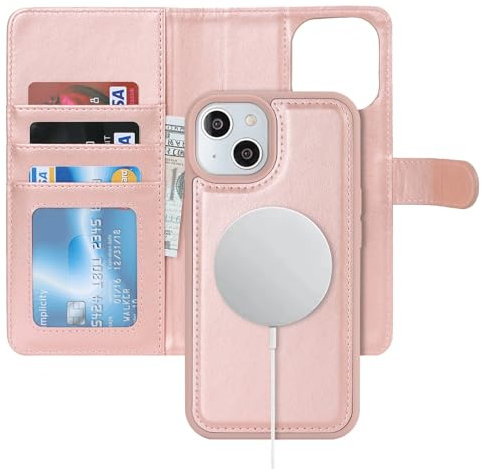 Zouzt for iPhone 13/14 6.1 Inch Detachable Wallet Case with Card Holder for MagSafe, Premium PU Leather 2 in 1 Flip Folio Book Magnetic Stand Protective Phone Cover for iPhone 13/14 - Rose Gold