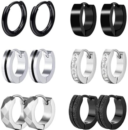 6 Paare Herren Ohrringe Schwarz Creolen Ohrringe Männer Frauen Edelstahl Ohrringe Silber Schwarz Creolen Hoops Earrings Set für Herren Damen