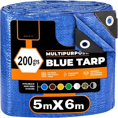 (Azul/Negro, 5x6 200g) Lona Impermeable Exterior - Reforzada - Argollas Antidesgarro - Toldo 100% Impermeable y 100% Protección UV - Cubretodo Múltiples Usos - 3 Capas Laminado Cruzado