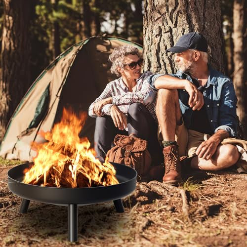 Randaco Brasero de 80 cm de diamètre pour le jardin, brasero avec 2 poignées et 3 pieds de support amovibles, panier à feu extérieur, pour chauffage, camping, terrasse, acier noir