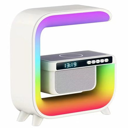 Luojuny Bedside Table Lamp New Wireless Speaker Charger Alarm Clock with Colorful Atmosphere Light G-shaped Multi-functional Bluetooth-compatible Desk Lamp Speaker White