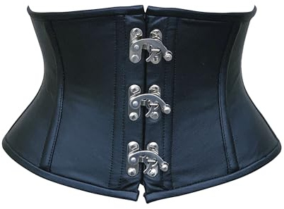 Hi-GERMANWEARS Womens Underbust Black Leather Steel Boned Body Waist Shaper with Strong Claps Closure taillenkorsett Corsets (DE/NL/SE/PL, Alphanumerisch, S, Regular, Regular, Black)