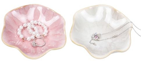 Nideen 2 Stück Schmuckschale Keramik Schmucktablett, Schmuckteller für Ringe Ohrring Schale deko Schlüsselschale(Weiß, Rosa)